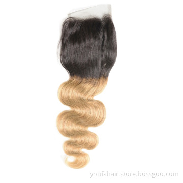 100% Human Virgin Hair Bundles Ombre Pre Colored Brazilian Body Wave Curly 4x4 Lace Frontal Closure 1b 27 Swiss Lace Closures